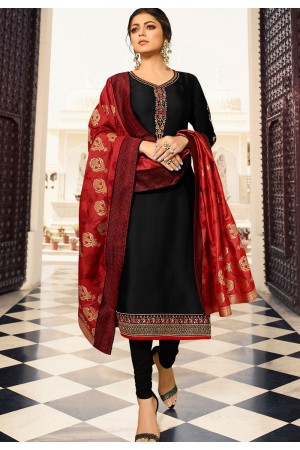 drashti dhami black satin georgette straight churidar bollywood suit 4003