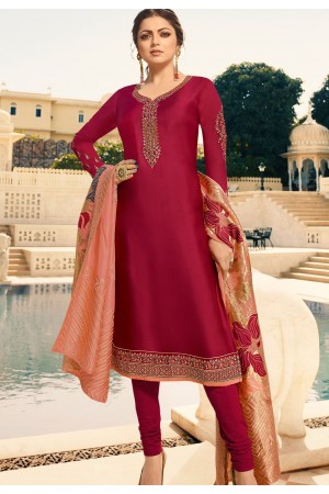 drashti dhami dark pink satin georgette straight churidar bollywood suit 4007