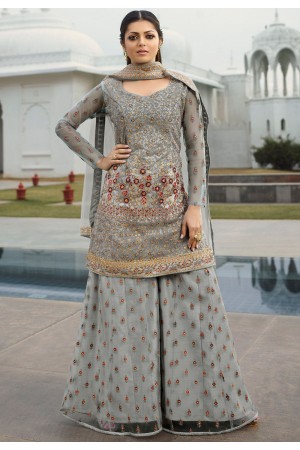 drashti dhami grey net embroidered palazzo style suit 3804