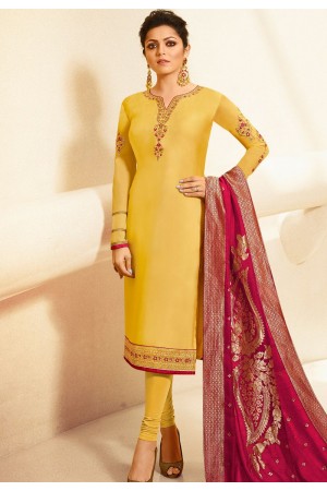 drashti dhami yellow satin georgette straight churidar bollywood suit 4004