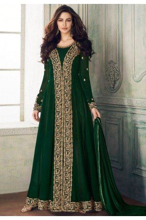green georgette embroidered front slit trouser style suit 8202