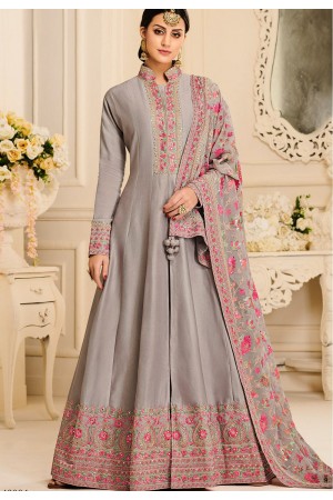 grey silk embroidered long anarkali suit 40004