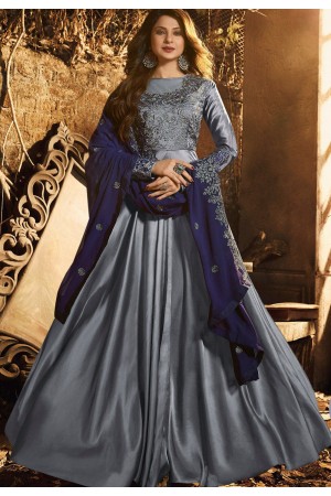 jennifer winget grey satin silk net embroidered floor length indowestern suit 11032