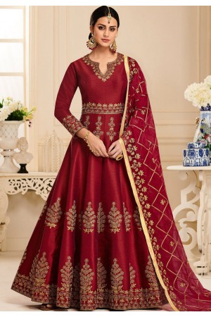 maroon silk embroidered long anarkali suit 40001