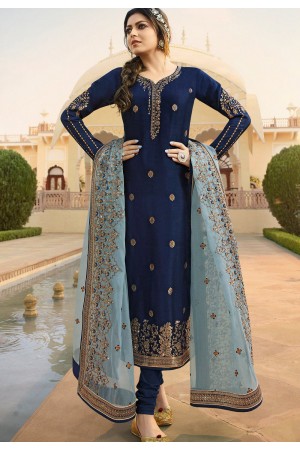 navy blue jacquard embroidered straight churidar suit 3706