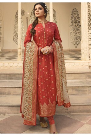 orange jacquard embroidered straight churidar suit 3707