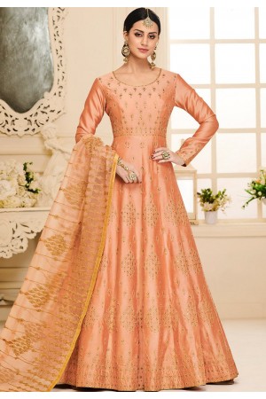peach silk embroidered long anarkali suit 40002