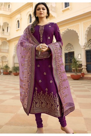 purple jacquard embroidered straight churidar suit 3701