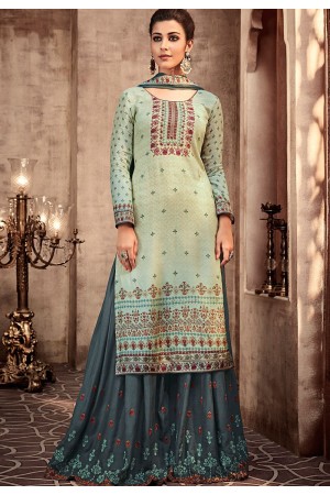 sea green and grey viscose muslin sharara style pakistani suit 68002