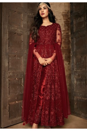 sonal chauhan maroon net embroidered trouser style anarkali suit 7204