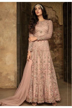 sonal chauhan peach net embroidered long trouser style anarkali suit 7207