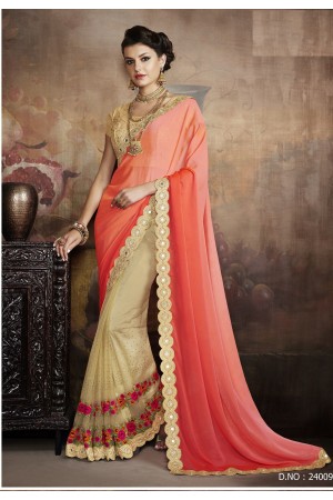 Party-wear-Chikoo-Orange-color-saree