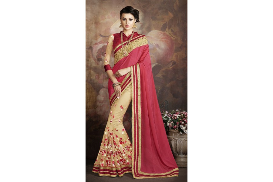 PartywearRedBeigecolorsaree