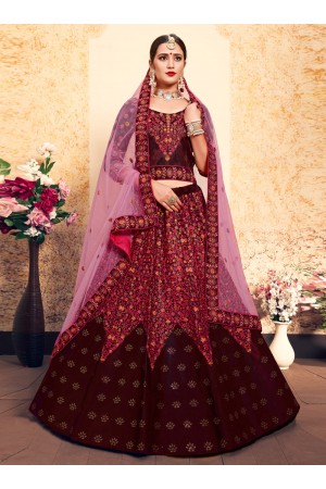 maroon satin circular lehenga choli 1604