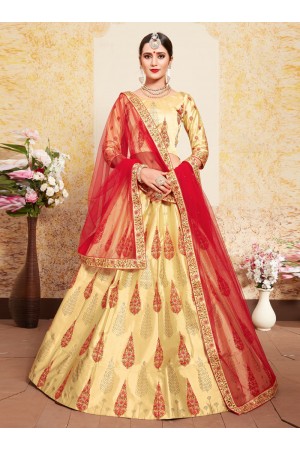 yellow satin circular lehenga choli 1627