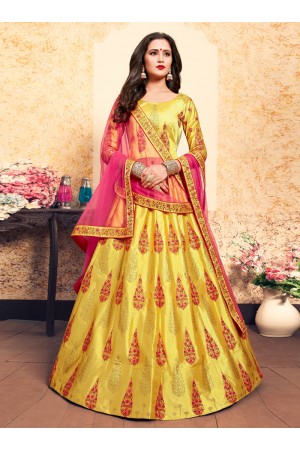 yellow satin lehenga choli 1629