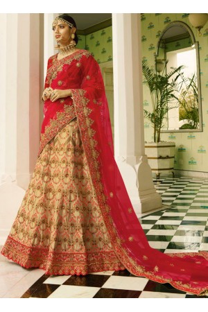 Beige and red color silk bridal lehenga choli