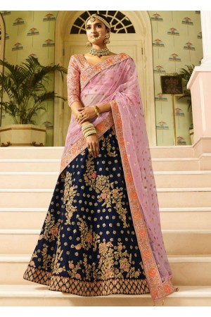 Pink and Navy blue color silk bridal lehenga choli