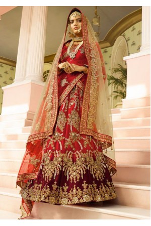 Maroon and red color silk shaded bridal lehenga choli