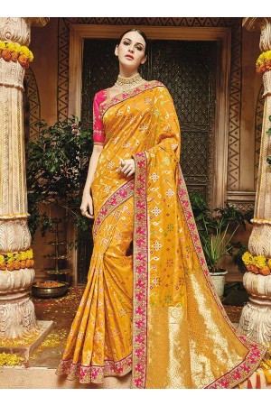 Yellow pure banarasi silk saree wedding 1218