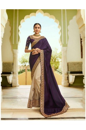 Beige purple silk Indian wedding wear saree 5012