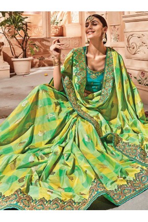 Green yellow check silk Indian wedding wear saree 1913