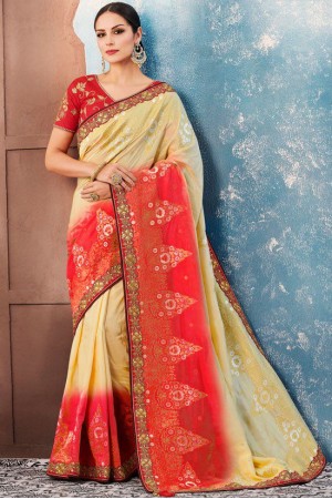 Off white red Indian wedding wear silk saree 7011