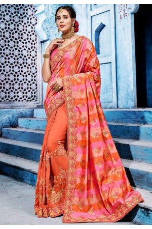 Orange and pink color silk Indian wedding wear saree 1104