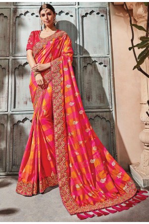 Peach pink check silk Indian wedding wear saree 1914