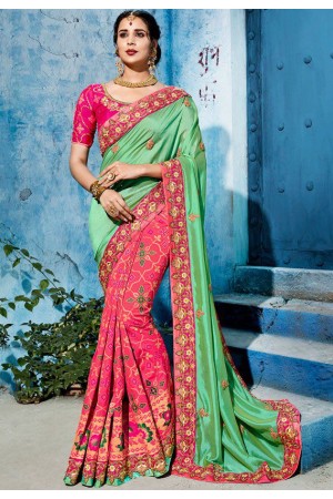 Pink green color silk Indian wedding wear saree 1102