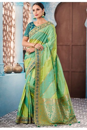 Pista green stripes Indian wedding wear silk saree 7001