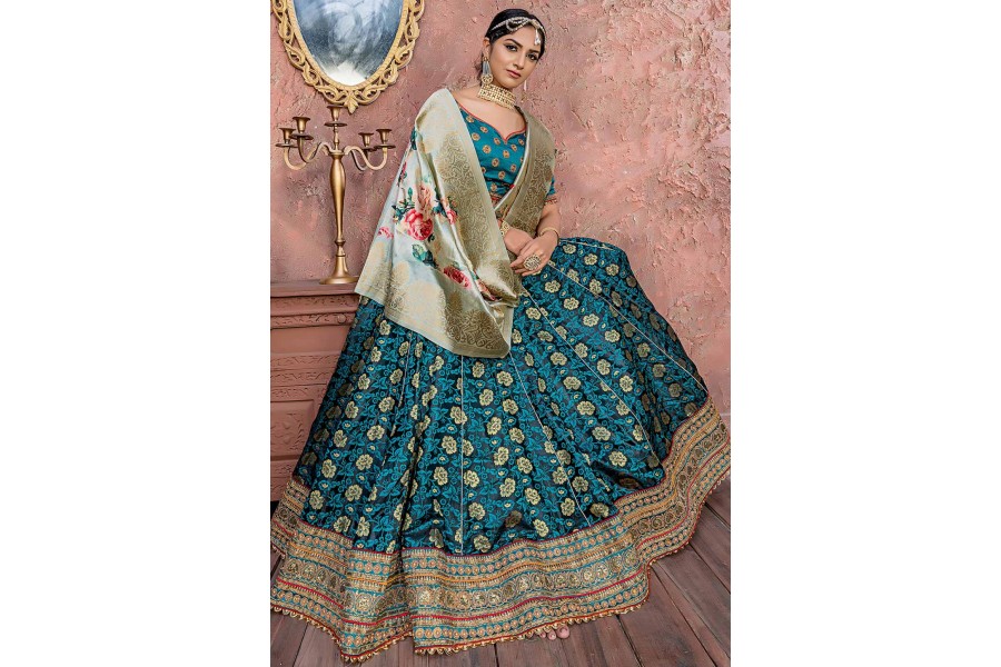 Ocean Blue Banarasi Silk Lehenga Choli