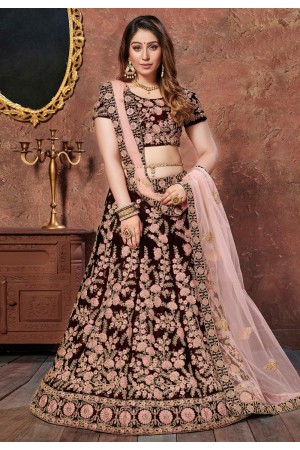 Maroon velvet circular lehenga choli 7301