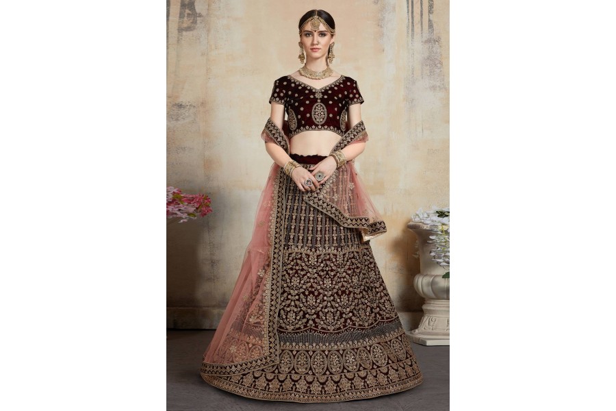 Velvet Excellent Maroon Stone Cording Bridal Style Lehenga Choli