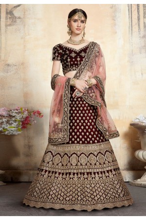 Maroon velvet embroidered circular lehenga choli 3205