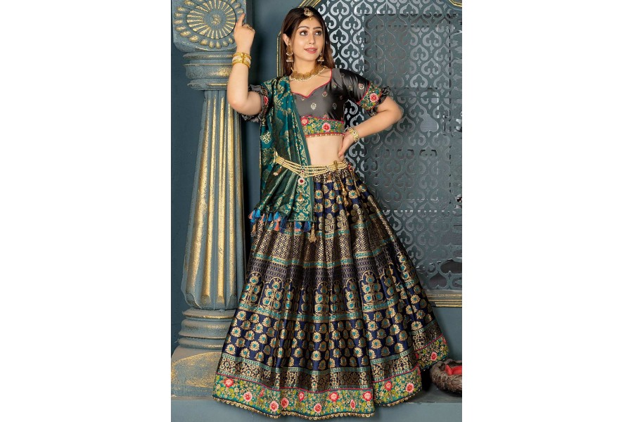 Navy Blue Banarasi Silk Lehenga main image 1