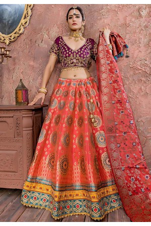 Peach banarasi silk circular lehenga choli 11174