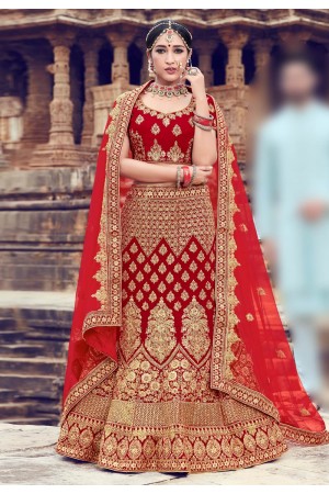 Red velvet embroidered bridal lehenga choli 10004