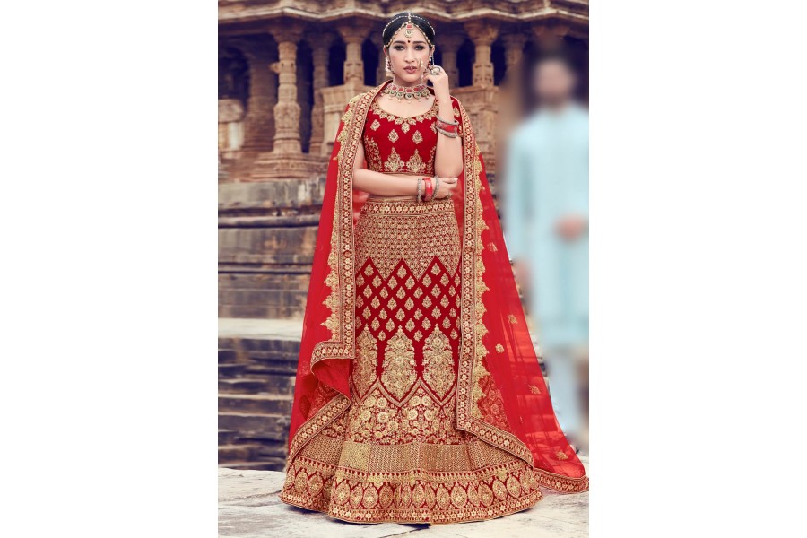 Off White Velvet Hand Embroidered Bridal Lehenga Choli