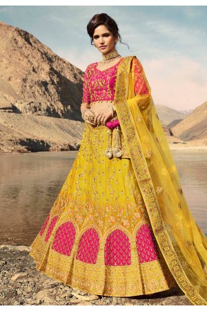 Yellow satin embroidered circular lehenga choli 914