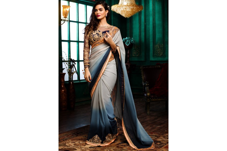 Grey Color Georgette Party Wear Saree with Embroidered Blouse main image 0