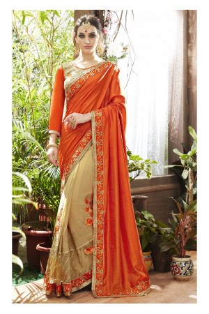 Beige Art Silk Georgette Half n Half Embroidered Saree 87070