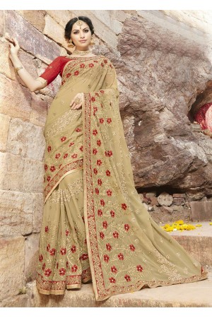 Beige Colored Embroidered Faux Georgette Festive Saree 87094