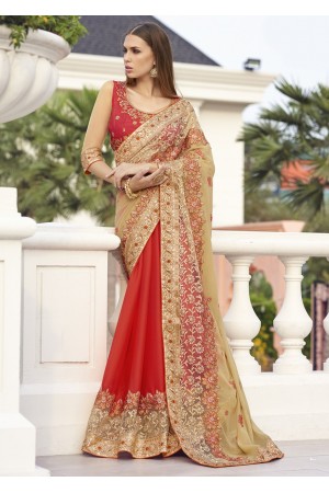 Beige Colored Embroidered Faux Georgette Net Festive Saree 1406