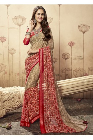 Beige Colored Printed Faux Georgette Saree 1609