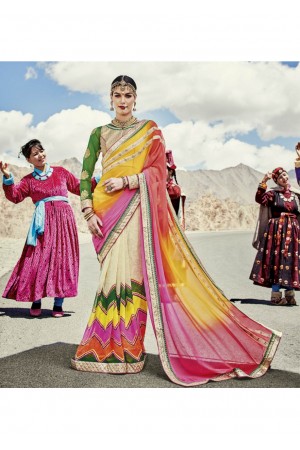 Beige Colored Printed Faux Georgette Saree 2005