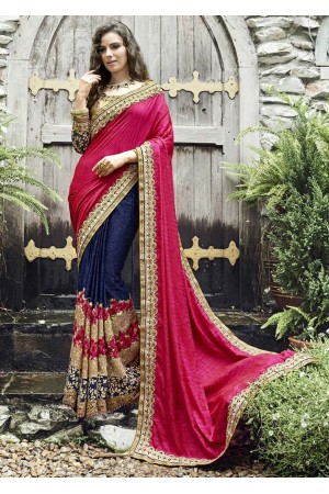 Blue Colored Embroidered Chiffon Art Silk Wedding Saree 1025