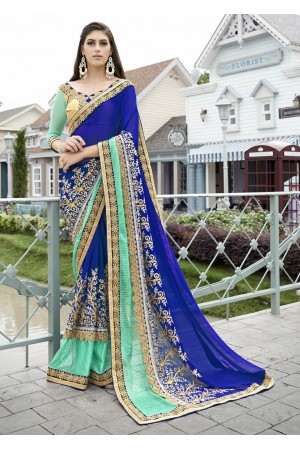 Blue Colored Embroidered Faux Georgette Festive Saree 87085