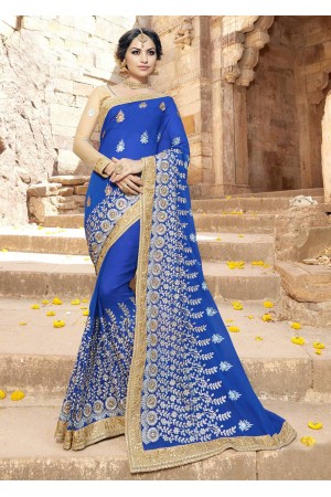 Blue Colored Embroidered Faux Georgette Festive Saree 87092