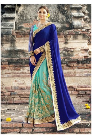 Blue Colored Embroidered Faux Georgette Net Partywear Saree 87076